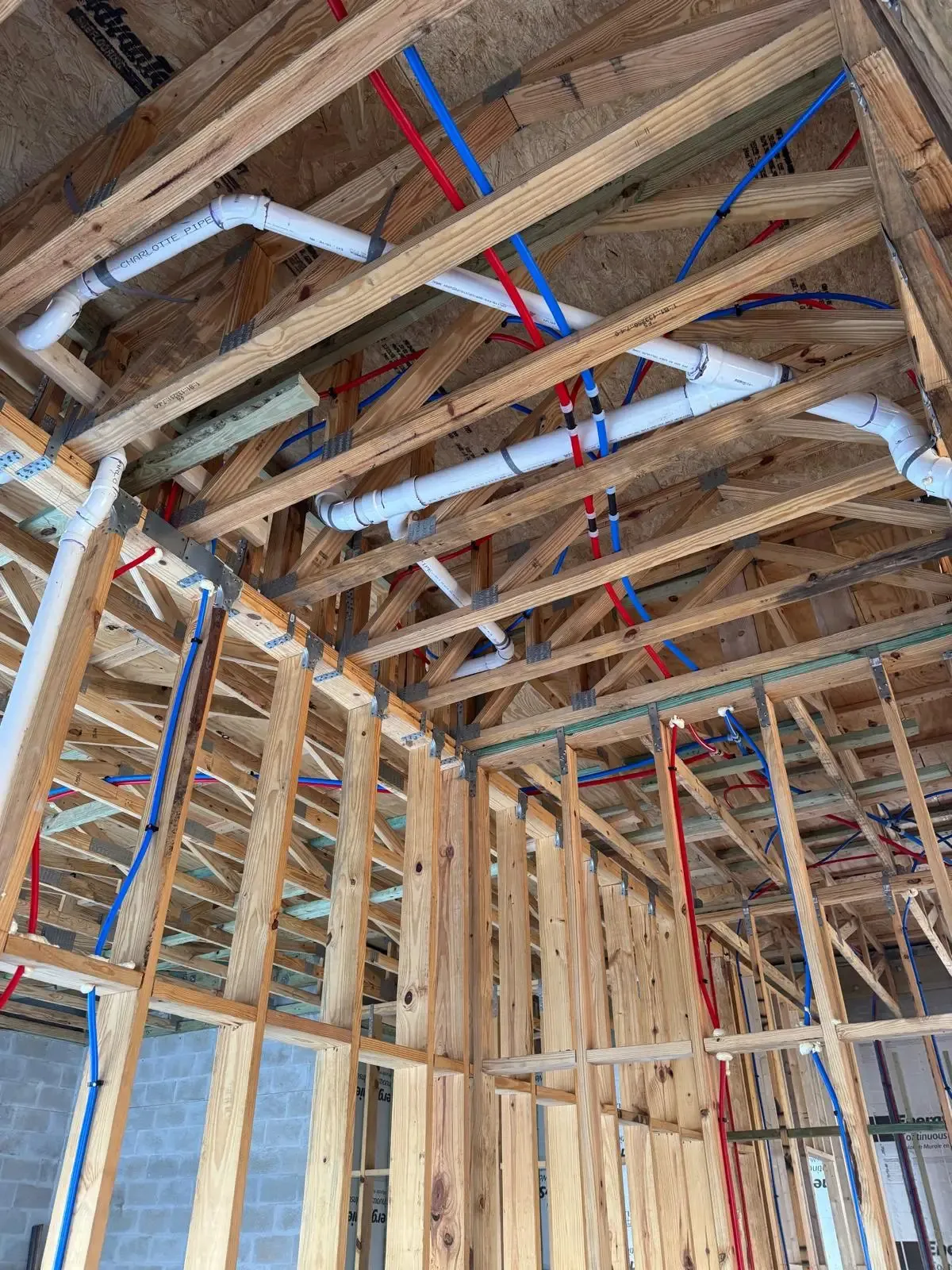 Red and blue PEX water lines and white PVC drain pipe run through roof trusses